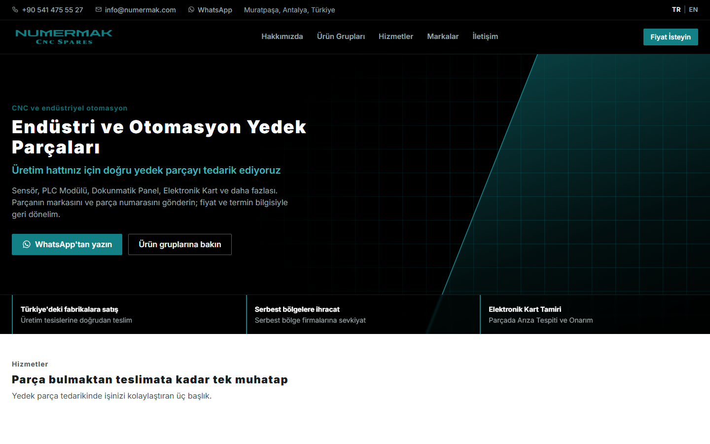 numermak — CNC ve endüstriyel otomasyon yedek parçası ithalatçısı kurumsal site ekran görüntüsü